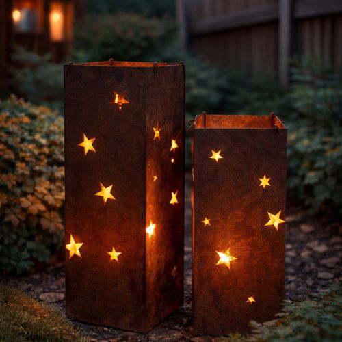 Artikel Metall Kerzenhalter Edelrost Sternenmotiv H40/50cm Weihnachtsdeko Innen/Außen