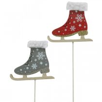 Artikel Dekostecker-Schlittschuhe, Weihnachtsdeko, Holzstecker Grau, Rot L32cm 8St