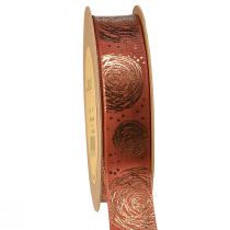 Geschenkband mit goldenen Rosen Dekoband Rotbraun 25mm 15m