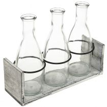 Artikel Rustikales Flaschenset in Holzträger – 3 Glasflaschen, Grau-Weiß, 24x8x20 cm – Vielseitig einsetzbar für Dekoration