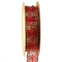 Spitzenband mit Glitter Rot Gold Dekoband Stoff 25mm 15m