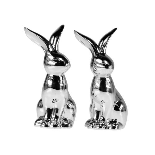 Floristik21 Deko Osterhase Keramik Deko Hase sitzend Silber 18cm 2St