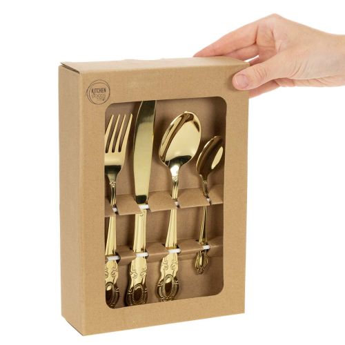 Artikel 16-teiliges Besteck-Set aus Edelstahl, goldfarben, im Karton verpackt