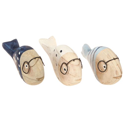 Deko Fisch mit Brille Holz Maritim Weiß Blau 11–13cm 4 Stk