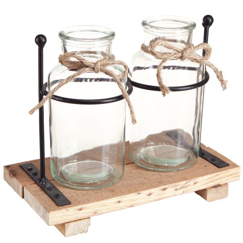 Flaschenvase Glas Holz Vintage Retro Deko Tischdekoration 23x12x19,5cm 2er Set