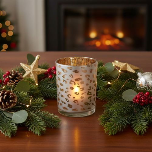 Artikel Teelichthalter Glas 12cm Leopardenmuster Silber-Gold