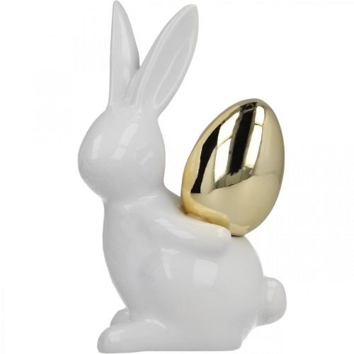 Artikel Hasen mit Goldei, Keramikhasen für Ostern edel Weiß, Golden H13cm 2St