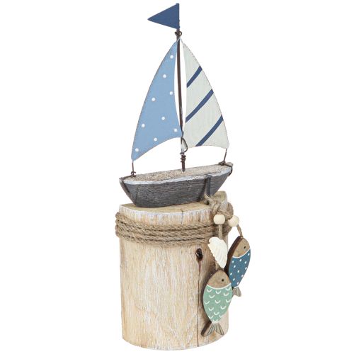 Maritime Deko Segelboot aus Holz mit Fischen, Weiß Blau, 24cm