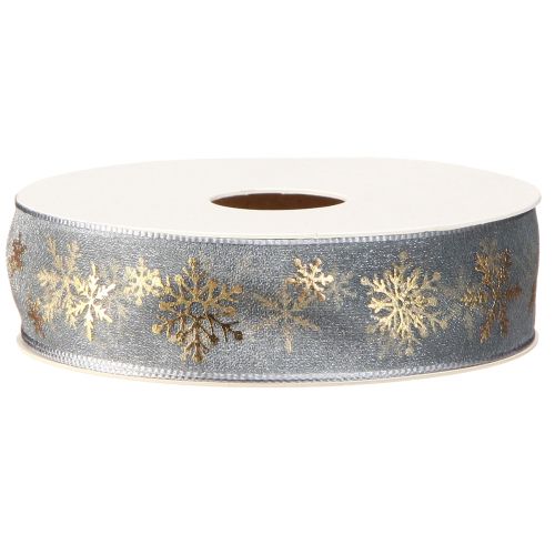 Artikel Silbergraues Weihnachtsband mit goldenen Schneeflocken 25mm x 15m