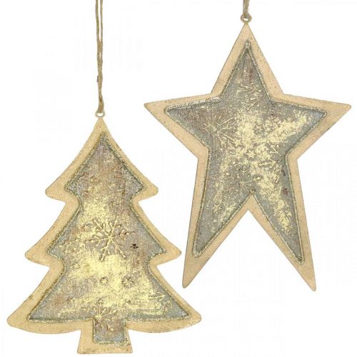 Floristik21 Metallanhänger Tanne und Stern, Christbaumschmuck, Weihnachtsdeko Golden, Antik-Optik H15,5/17cm 4St