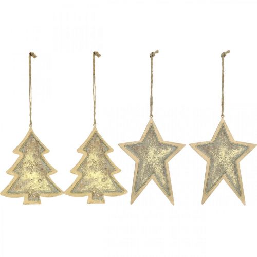 Artikel Metallanhänger Tanne und Stern, Christbaumschmuck, Weihnachtsdeko Golden, Antik-Optik H15,5/17cm 4St