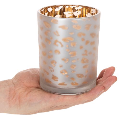 Artikel Teelichthalter Glas 12cm Leopardenmuster Silber-Gold