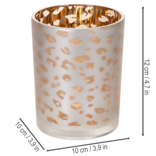 Artikel Teelichthalter Glas 12cm Leopardenmuster Silber-Gold