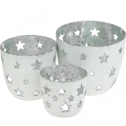 Floristik21.de Weihnachtsdeko Metall Ø12/10/8cm 3er-Set-00255 Teelichthalter Weiß Sternen mit