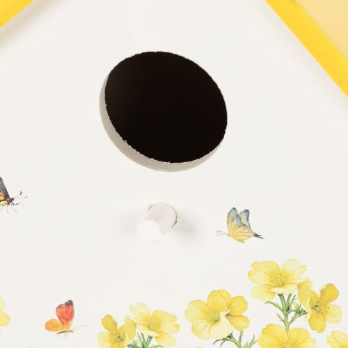 Artikel Vogelhaus aus Holz mit floralem Muster und gelbem Dach für Innenbereich und Balkon 21 cm