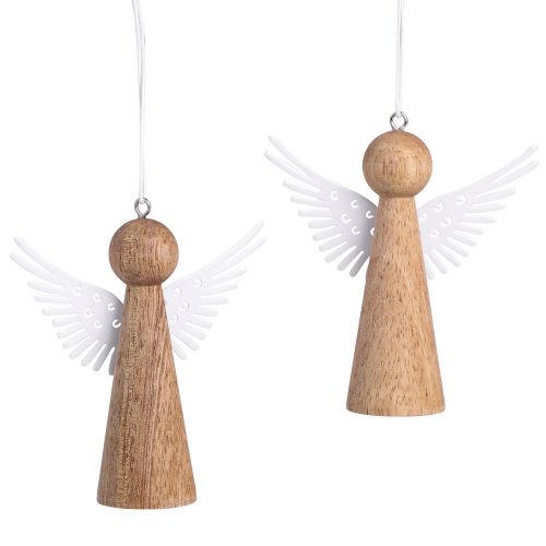 Zauberhafte Weihnachtsengel Holzdeko zum Hängen, Natur Design in Weiß, Festliche Schmuckanhänger 8cm Set 6 Stück