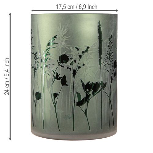 Artikel Windlicht Glas Weiß Grün Wiesenmotiv Dekoration H24cm