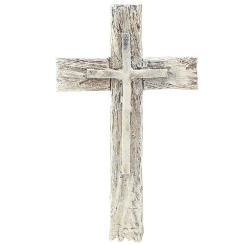 Grabschmuck Kreuz rustikal Grau Weiß Polyresin 12×7cm 6St