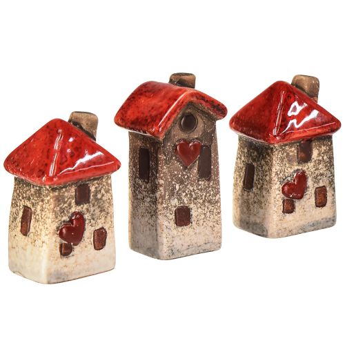 Keramik-Häuschen mit rotem Dach Fenster und Herz – 6 cm – Idyllische Dekoration für Heim und Garten – 6St