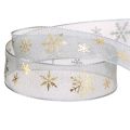 Floristik21 Silbergraues Weihnachtsband mit goldenen Schneeflocken 25mm x 15m